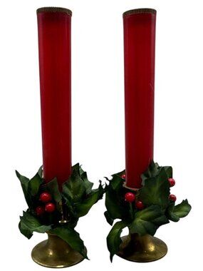 Vintage Brass & Red Welcome candles holidays Holly Accents Not Tested READ